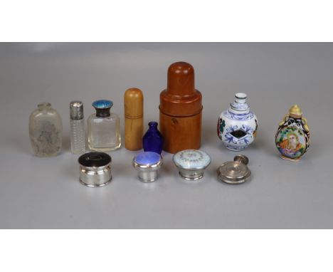 Scent Bottles to include Chinese and Scent Bottle lids of Sterling Silver with Enamel