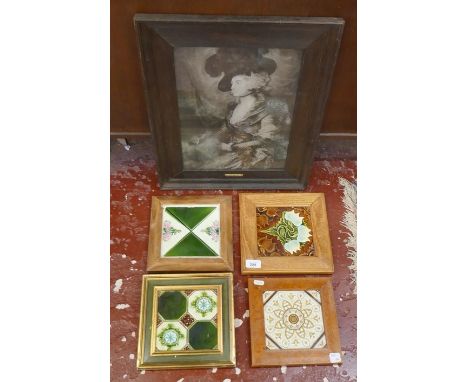 4 framed tiles together with early print Mrs Siddons by Thomas Gainsborough