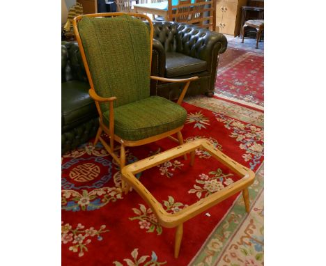 Blonde Elm Ercol armchair with stool 
