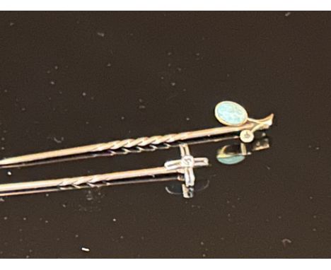 2x Yellow metal metal stick pins, 1 set with opal & diamond & 1 with diamond & possible platinum 2.8g