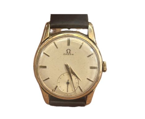 1961 Omega gents wristwatch 9ct gold case with leather strap, original strap & buckle. Inscription to rear case, sub second d
