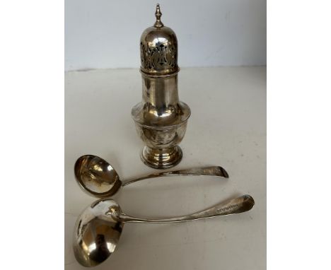 Emile Viner Sheffield silver sugar caster c1935(some bruising) together with London silver sauce ladle c1809 maker Peter and 