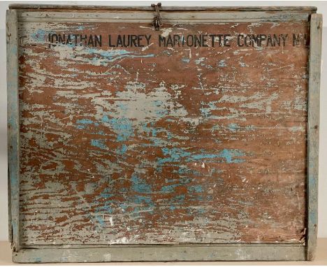 Puppetry – a large mid-20th century bespoke wooden rectangular puppet travel showman’s case, painted in blue, the lift up fro