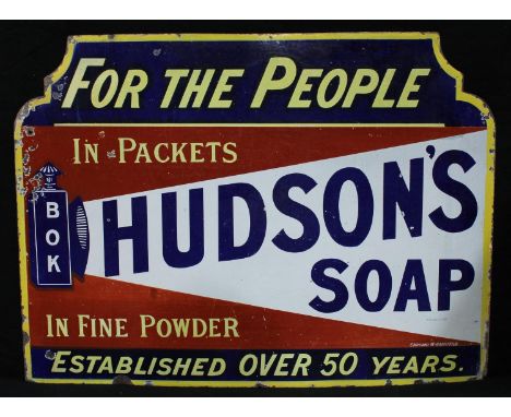 Advertising, Hudson’s – a late 19th century shaped rectangular enamel sign, depicting a shining lantern with the letters ‘BOK