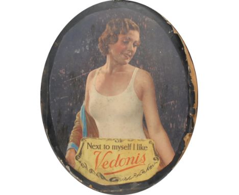 Advertising, Textiles Interest, Vedonis - an oval shaped pictorial showcard, depicting a lady in nightwear, "Next To Myself I
