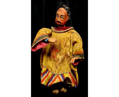 Puppetry – a mid-20th century marionette puppet, in the form of an Asian elder, carved and painted wooden head with detailed 