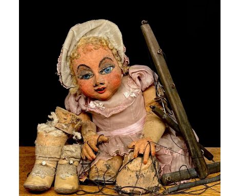 Puppetry – a mid-20th century large marionette puppet, in the form of a baby girl, sculpted and painted papier-mâché head wit
