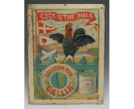 Advertising, Gallia – an early 20th century rectangular tin pictorial advertising sign, depicting a cockerel perched upon a w