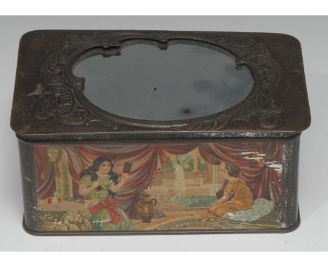 Advertising, Huntley &amp; Palmers - an early 20th century novelty rounded rectangular pictorial biscuit tin, the lift off li