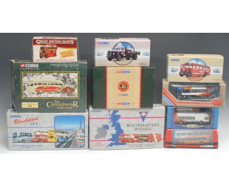 Corgi 1:50 and 1:64 scale models, mostly buses, comprising 79064 Blackpool bus set, Limited Edition No.2223 of 5,428, boxed; 