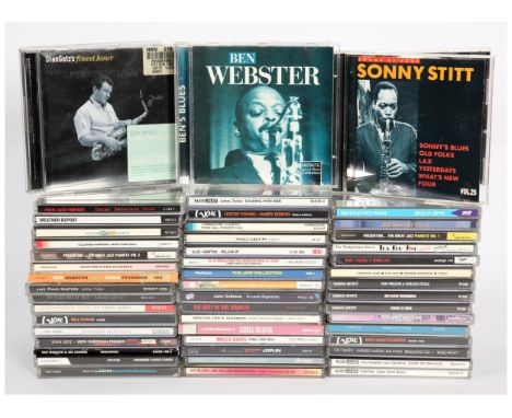 A collection of Jazz CD albums. Includes artists: Chet Baker, Miles Davies, Stan Getz, Scott Joplin, George Shearing, Oscar P