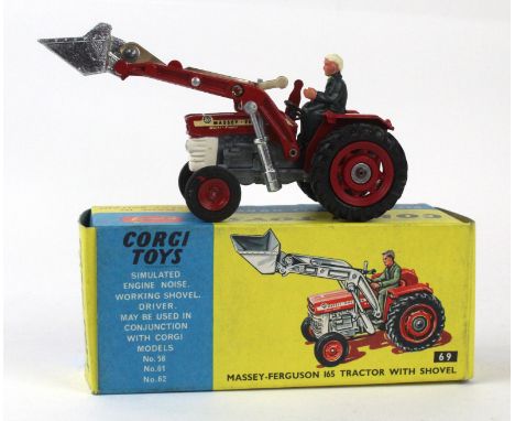 A boxed Corgi no. 69 Massey Ferguson 165 tractor with shovelRed including hubs (plastic to rear), grey, white.