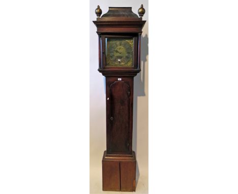 A late 18th/early 19th Century oak longcase clockThe hood with caddy top fitted with a brass and silvered dial, no movement p