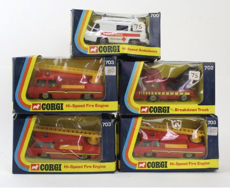 Five boxed Corgi emergency and break down vehiclesComprising 700 High-Speed ambulance, 702 High-Speed breakdown truck and 3x 