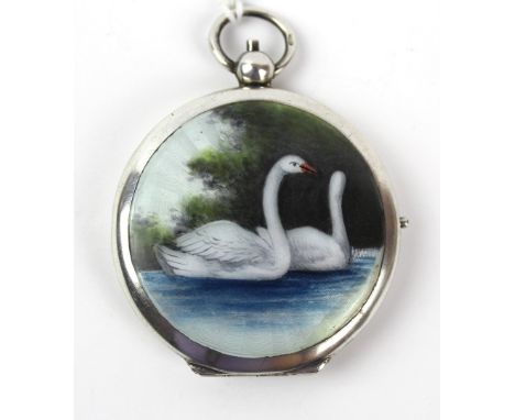 A fine quality Art Deco hallmarked silver and guilloche enamel powder compact
The front panel decorated with two Swans in lak