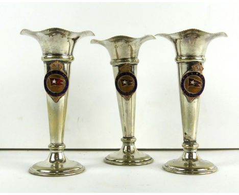 Three silver-plated posy vasesEach trumpet shape vase raised from a circular base with undulating rim and vari-shade enamel c