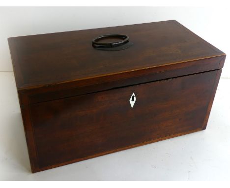 A Georgian mahogany and satinwood crossbanded tea caddy, early 19th CenturyLift up lid with ring pull, opening to reveal two 