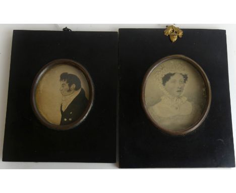 Two 19th Century portrait oval miniaturesOne of a smartly dressed gent the other of a lady, largest image size 9x7½cm (2)