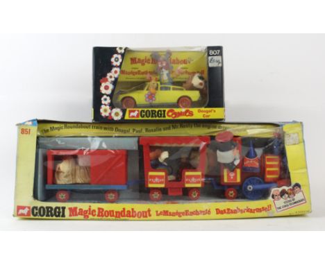 Two boxed Corgi TV related diecast itemsComprising no. 851 The Magic Roundabout Train with Dougal, Paul, Rosalie and Mr Rusty