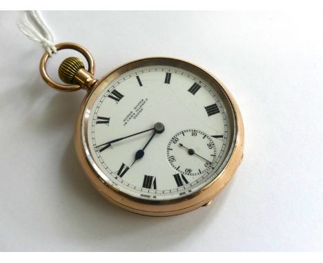 A 9ct gold open faced gentlemans pocket watchThe white enamel dial with Roman numerals and subsidiary seconds dial, the face 