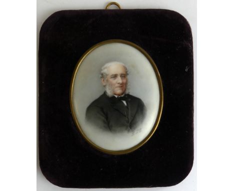 F R Jill (19th Century) - Head and shoulder portrait on porcelain of a smartly dressed gentSet in a plush covered frame, with