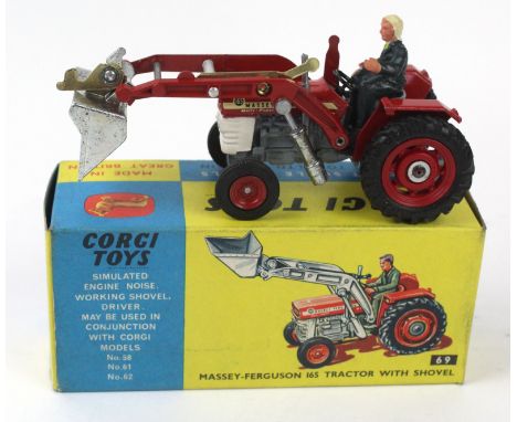 A boxed Corgi no. 69 Massey Ferguson 165 tractor with shovelRed including hubs (plastic to rear), grey, white.