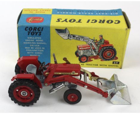 A boxed Corgi no. 69 Massey Ferguson 165 tractor with shovelRed including hubs (plastic to rear), grey, white.
