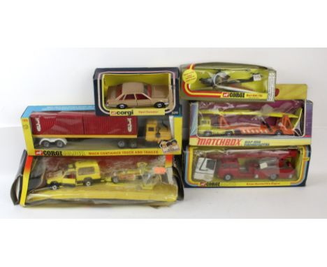 Five boxed Corgi and one boxed Matchbox vehicleIn damaged boxes comprising Matchbox Super Kings K11 DAF car transporter, Corg