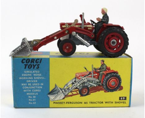 A boxed Corgi no. 69 Massey Ferguson 165 tractor with shovelRed including hubs (plastic to rear), grey, white.