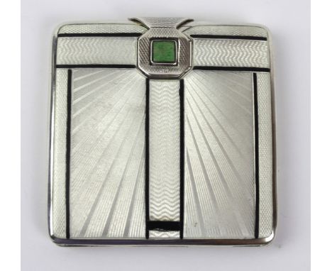 A fine George V Art Deco hallmarked silver and guilloche enamel powder compact
Of square form, having sunburst decoration and