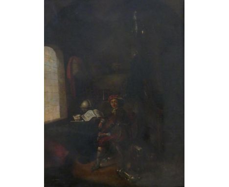 19th Century Continental School, After Jan Van Meiris - Interior scene with seated gentleman holding violinOil on canvas, 45x