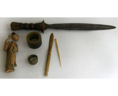 A Shoni dagger, 19th Century23.5cm straight double edged blade, with carved wood handle, Chinese bone archer's ring, figurine