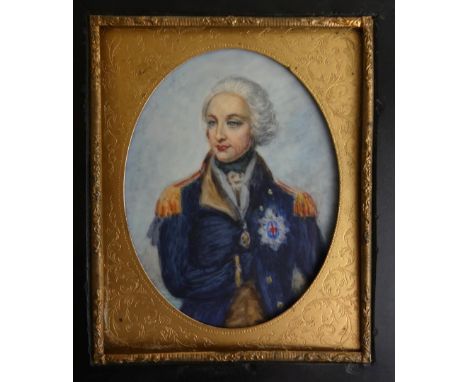 Portrait of Admiral Lord Nelson, mid 19th Century The oval watercolour portrait on card of Nelson in his uniform, 10x8cm, in 