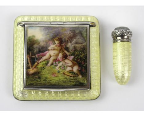 A fine quality Austrian 935 silver and guilloche enamel powder compact 
Of square form, with matching cylindrical lipstick ho