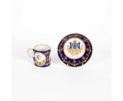 A Sèvres style blue ground jewelled cabinet cup and saucer, late 19th Century, the cup painted with a titled portrait of Henr