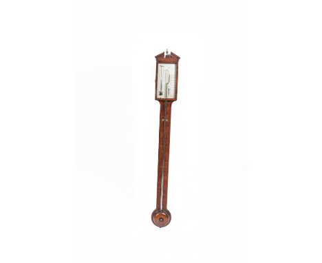 A mahogany stick barometer, P. Donegan &amp; Co., with broken arch pediment and silvered dial, 97cm longA couple of small pie