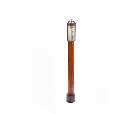 A mahogany and ebony stick barometer, Molesworth, Birmingham, with swan neck pediment and silvered dial, 102cm high