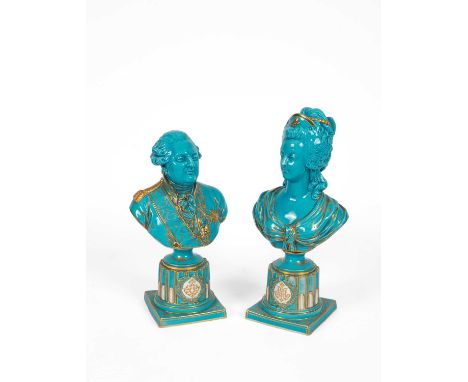 A pair of Sèvres style turquoise ground portrait busts of Louis XVI and Marie Antoinette, circa 1870, heightened in gilt, on 