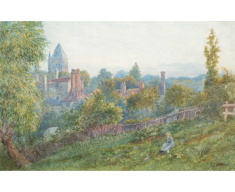 William Henry James Boot (1848-1918)A Girl and a Rabbit in a Landscapewith a village and church tower beyondsigned lower righ