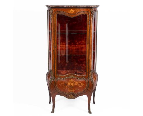 A Louis XV style marquetry and gilt-metal mounted vitrine, with marble top, serpentine glazed front and sides, fitted with gl