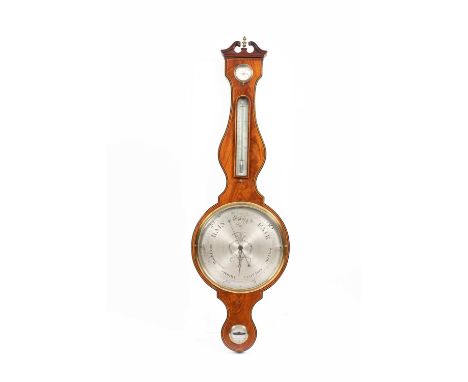 A 19th Century mahogany cased banjo barometer, the case with broken swan neck pediment and inlaid with boxwood lines, with dr
