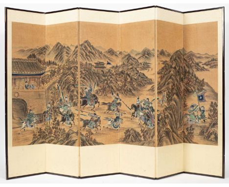 A Korean six-fold painted screen, 20th Century, depicting a continuous battlefield scene within a mountainous landscape, 190c
