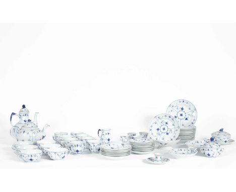 A Bing &amp; Grondahl Onion pattern breakfast service, comprising teapot and cover, coffee pot and cover, milk jug, eight cof