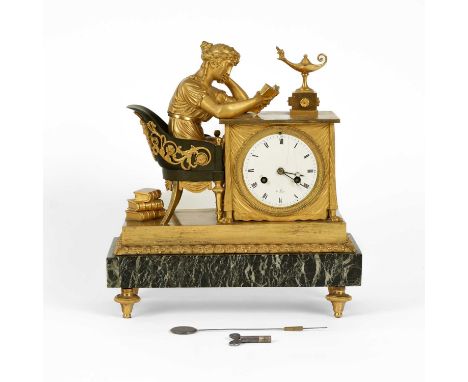 An Empire eight-day ormolu clock the case surmounted by a figure of La Liseuze after Jean-Andre Reiche (1752-1817) attributed