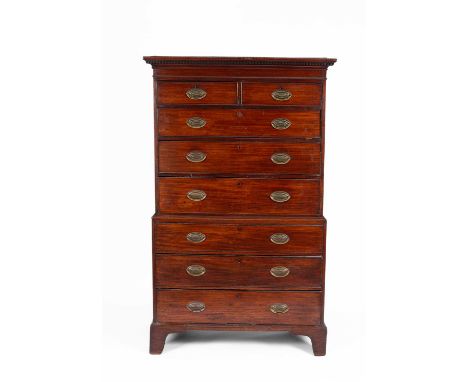 A George III mahogany chest on chest, the dentil cornice above two short and six long drawers, on bracket feet, 113.5cm wide,