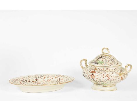 A Derby circular two-handed tureen and cover, early 19th Century, painted with prunus and two birds, together with a matching