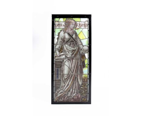 An Arts &amp; Crafts stained-glass panel, depicting a standing lady holding a scroll and a skull, a scroll behind her head in
