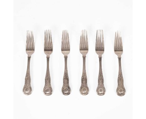 A set of six Scottish silver table forks, Marshall &amp; Sons, Edinburgh 1826, of single-struck King's pattern, crested, appr