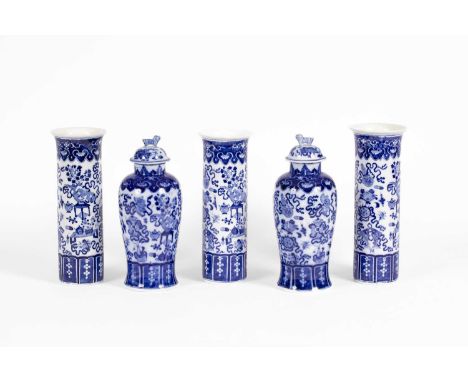 A Chinese style five-piece garniture, late 19th Century, with transfer-printed blue and white decoration of Buddhist emblems 