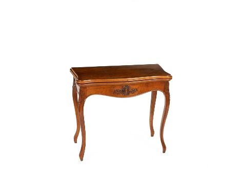 A late 19th Century French walnut card table with draw supports and fold-over top, opening to reveal a baize playing surface,
